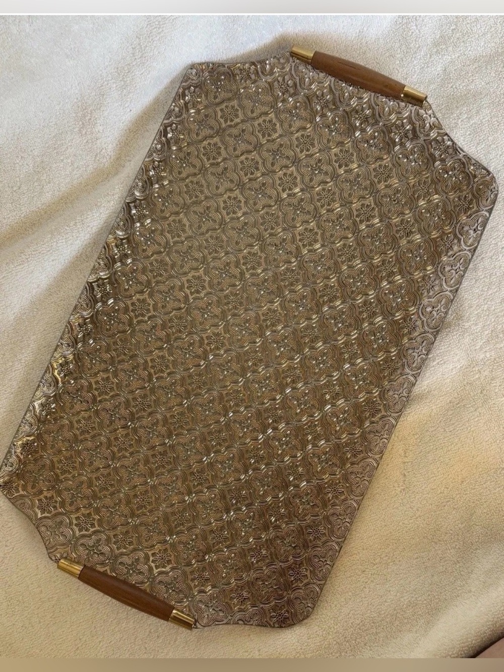 Moroccan Embossed Serving Tray Glass Top Wood Handles Boho MCM